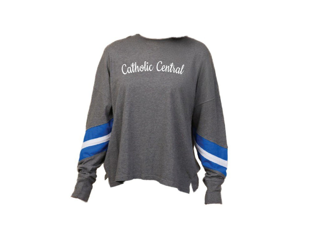 Gray Varsity Stripe Sleeve Tee with Catholic Central