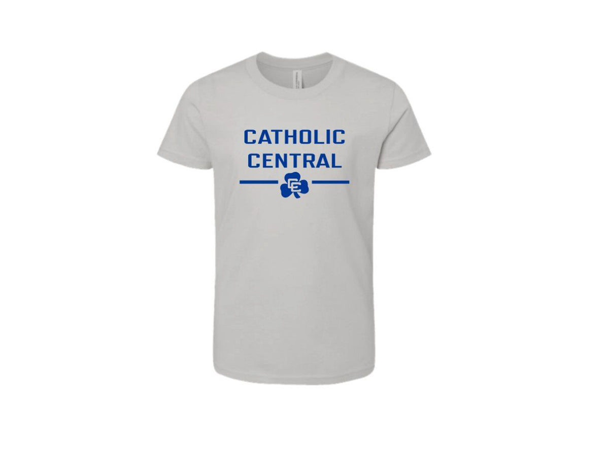Youth White Tee with Catholic Central Shamrock