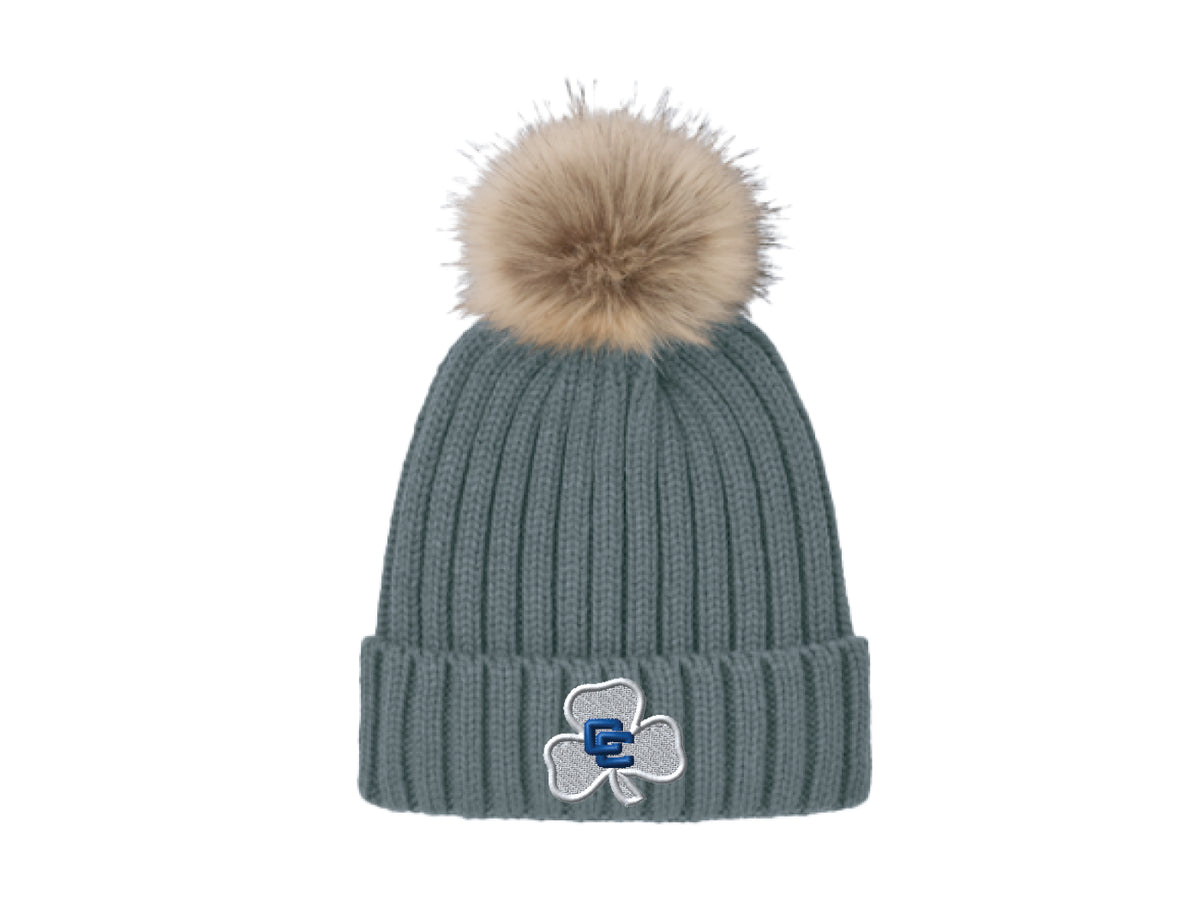 Gray Faux Fur Beanie with Pink CC Shamrock
