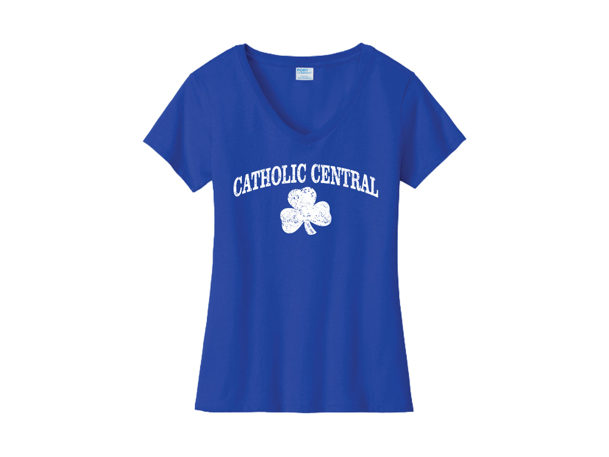 Royal Blue V-Neck Tee with Vintage Catholic Central & Shamrock