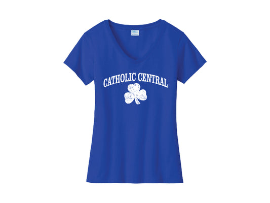 Royal Blue V-Neck Tee with Vintage Catholic Central & Shamrock