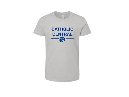 Youth White Tee with Catholic Central Shamrock
