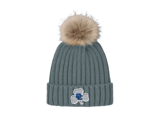 Gray Faux Fur Beanie with Pink CC Shamrock