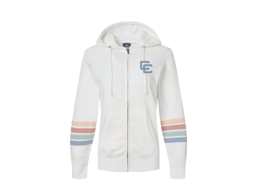 Ivory Full Zip Hoodie with Interlocking CC & Striped Sleeves