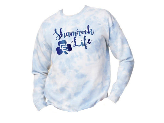 Blue Tie Dye Crewneck with Glitter Shamrock Life